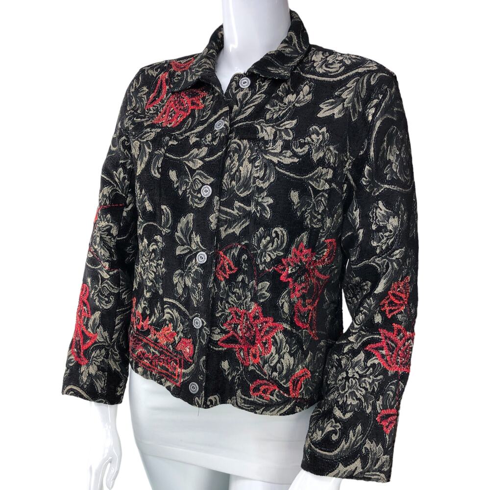 Chicos Womens Size 2 US 12 Jacket Floral Embroidery Jacquard Black Red Roses